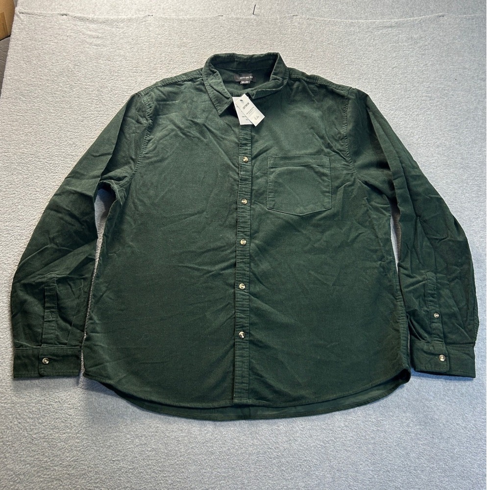 Cotton On Button Down Shirt Mens XXL Dark Green Corduroy Long Sleeve Casual Fall